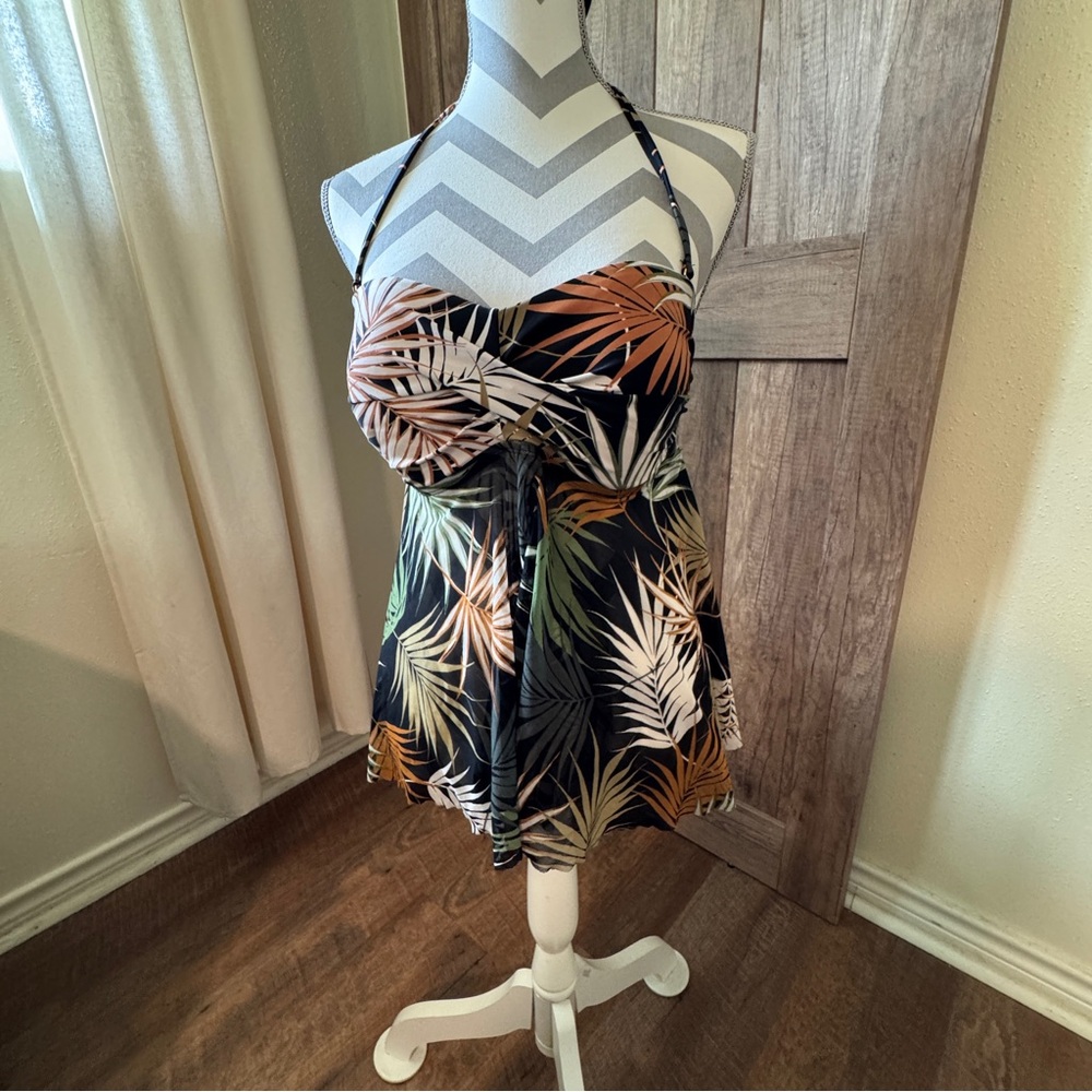 Medium swimsuit tankini babydoll style top Kona Sol black brown green cream palm